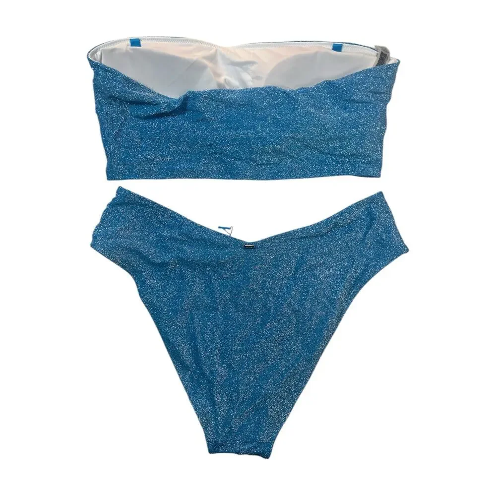 PINK 3 Piece Swim Size L Large Blue Shimmer NWOT Summer Swim Bathing‎ Suit - Picture 4 of 10